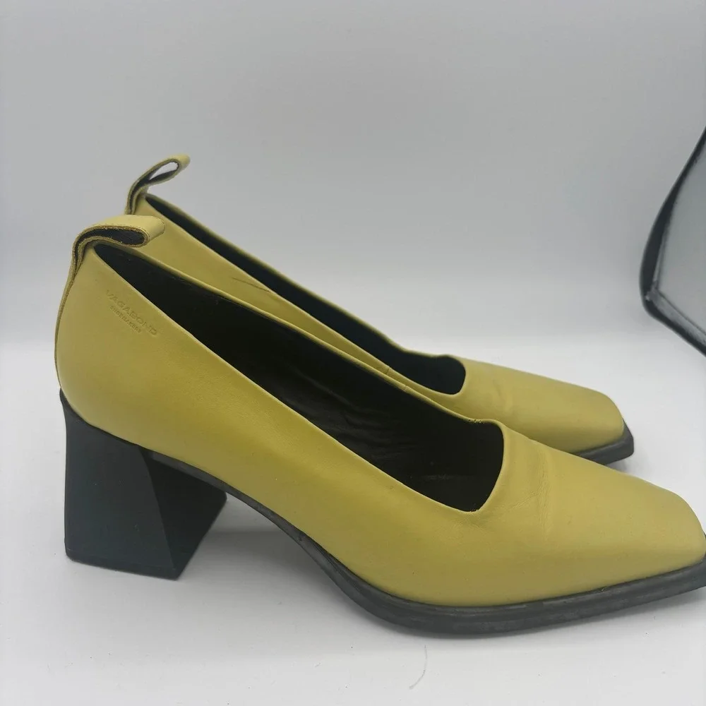 Vagabond Hedda Pumps Sz 39 Yellow Green Chartreuse Square Toe Block Heel Retro - Picture 5 of 12